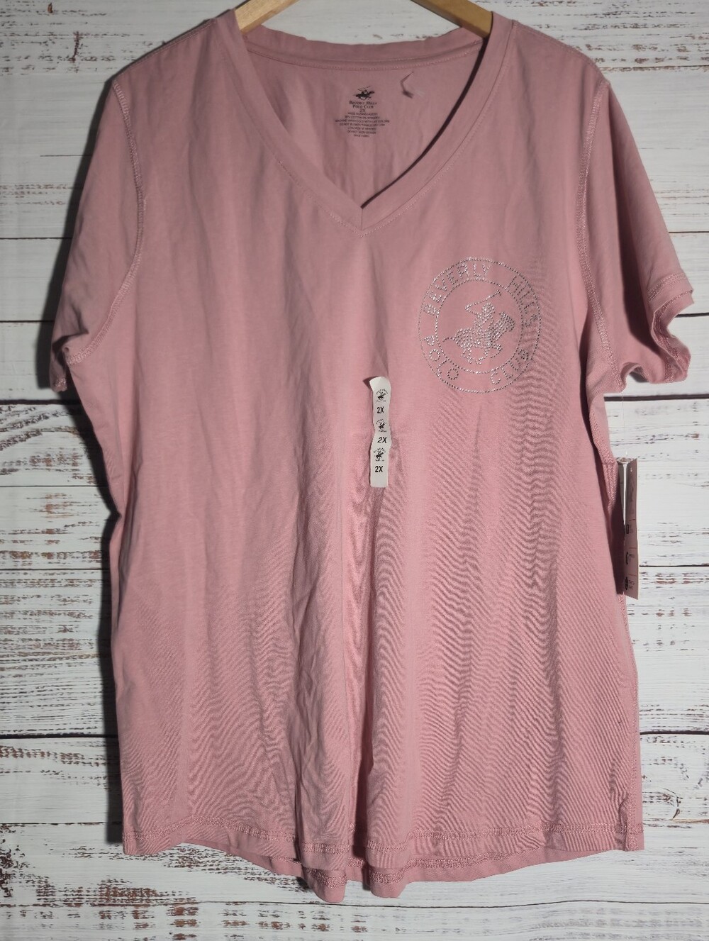 Beverly Hills Polo Club Women's 2X Pink V-Neck Stretch Tee Rhinestone Logo